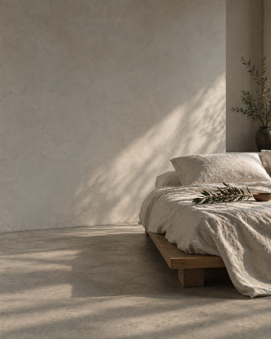 Nowy materiał: minimalistyczna sypialnia z niskim łóżkiem w świetle z okna
