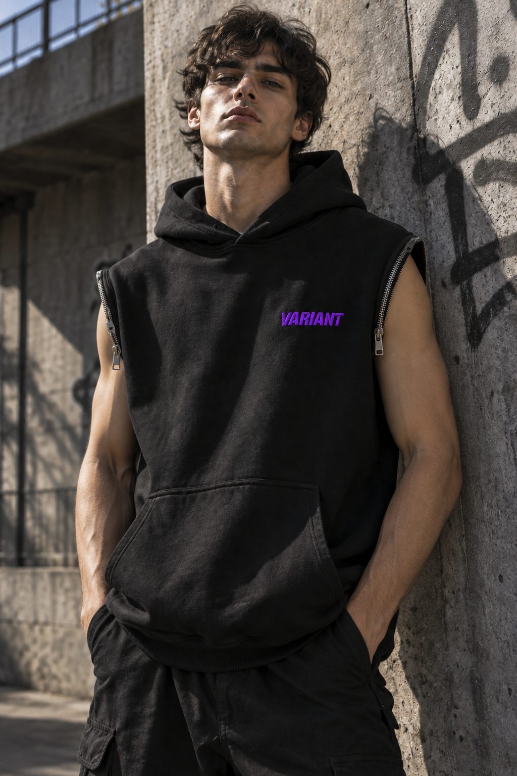 Model w bluzie bez rękawów VARIANT pod betonową ścianą